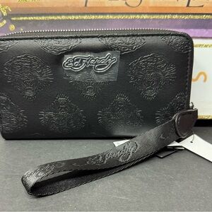 Ed Hardy Black Embossed wristlet wallet